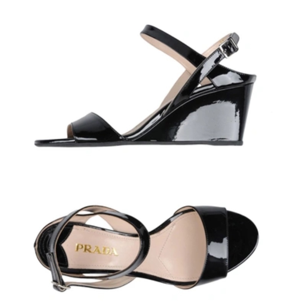 Prada Black Patent Leather Wedge Sandals - Picture 4 of 16